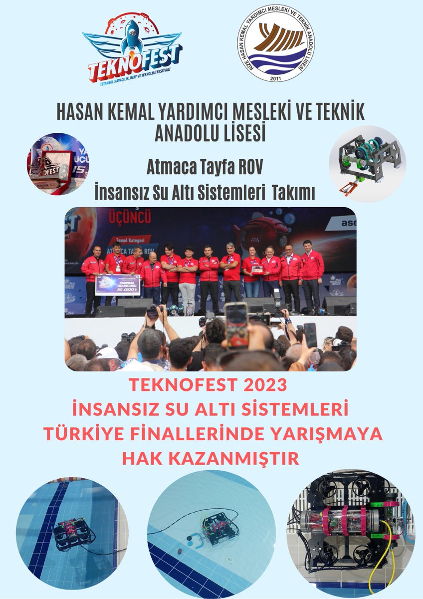 KemalMtal's tweet photo. TEKNOFEST DE Türkiye Birinciliği, Türkiye Üçüncülüğü başarıları olan dört kez üst üste finallerde yarışan okulumuz, bu yılda başarısını sürdürerek  TEKNOFEST 2023 İnsansız Su Altı Sistemleri Yarışmasında finallerde yarışmaya hak kazandı. 
@prof_mahmutozer @nznsener @Selcuk https://t.co/HL1qlykYdM