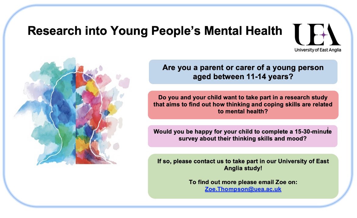 🚨 STILL RECRUITING !! 🚨 Please read below information and get in contact on Zoe.thompson@uea.ac.uk if you and your child are interested! #mentalhealth #parents #carers #children #youth #research