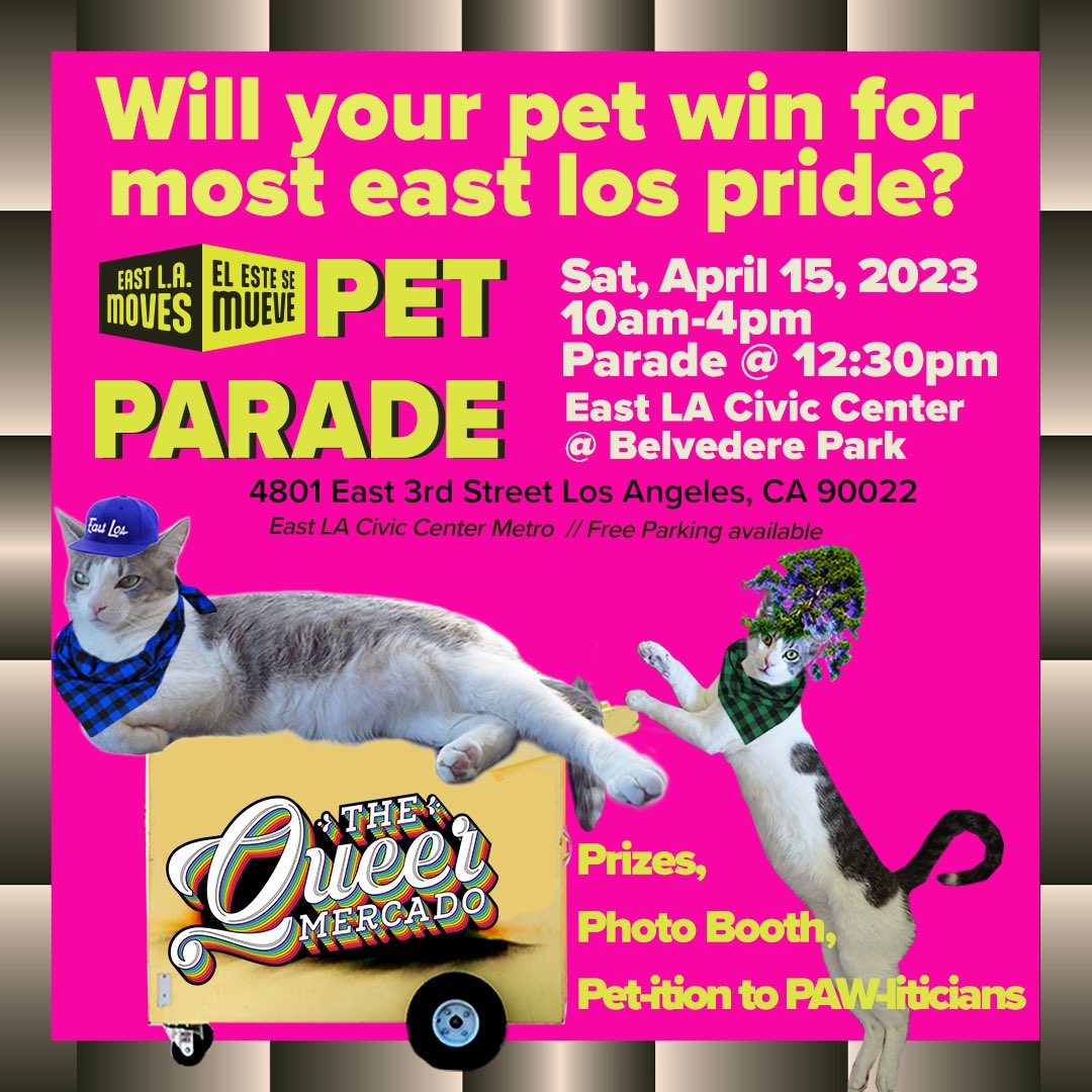 Pub_Matters's tweet photo. Who will be crowned this upcoming Saturday? On April 15th we’ll celebrate East LA’s Pet Transportation Hero at The Queer Mercado. A Pet Parade, a costume contest with prize awards, a photobooth hosted by Las Fotos Project and a PET-ition for a safer, walkable #EastLos https://t.co/NDpQEz6Y0Z