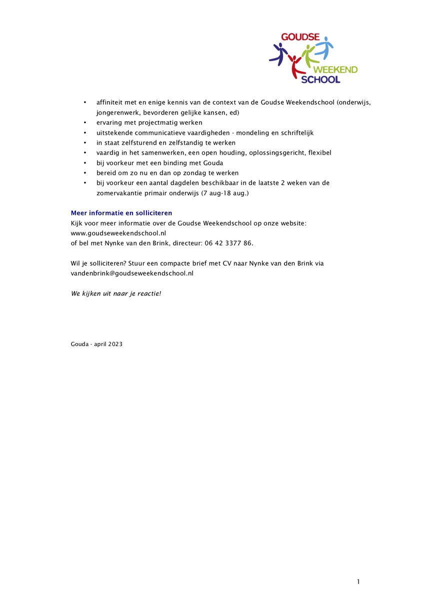 Vacature! - Projectmedewerker Goudse Weekendschool (12-20 uur p.w.) 
Krijg jij energie van werken voor/met jongeren? Heb je kennis van onderwijs/jongerenwerk en ervaring met projectmatig werken? Lees dan snel onze vacature en solliciteer zo snel mogelijk.
Delen=fijn!
 #vacature