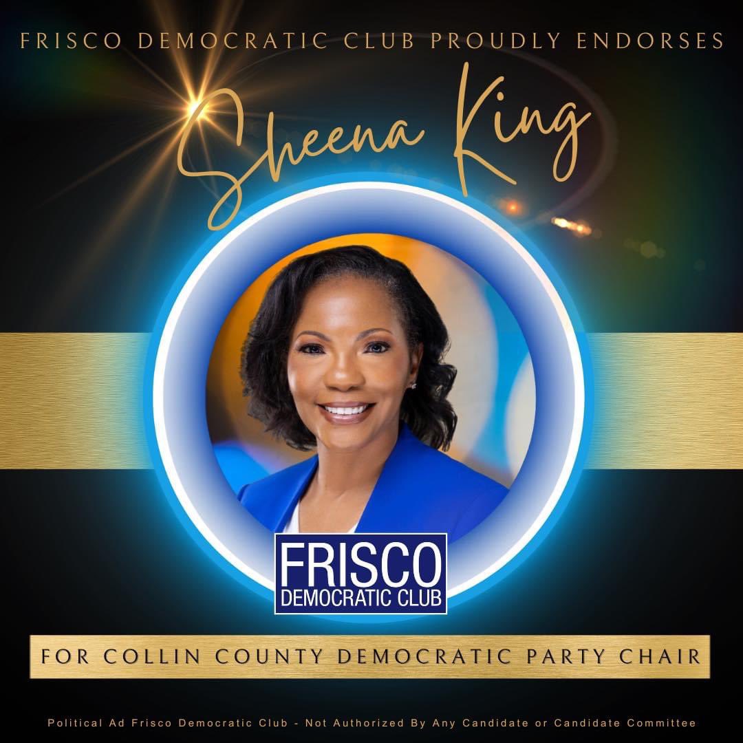 Sheena King for Texas (@skingfortexas) on Twitter photo Appreciate the endorsement of <a href="/FriscoDemocrats/">Frisco Democrats</a> and their tireless efforts to elect democrats to leadership positions.
#SheenaKingForTexas #bethelight #useyourvoice #CollinCounty #collincountydemocrats #mckinneydemocrats #friscodemocrats #turntexasblue #fightfordemocracy Appreciate the endorsement of <a href="/FriscoDemocrats/">Frisco Democrats</a> and their tireless efforts to elect democrats to leadership positions.
#SheenaKingForTexas #bethelight #useyourvoice #CollinCounty #collincountydemocrats #mckinneydemocrats #friscodemocrats #turntexasblue #fightfordemocracy