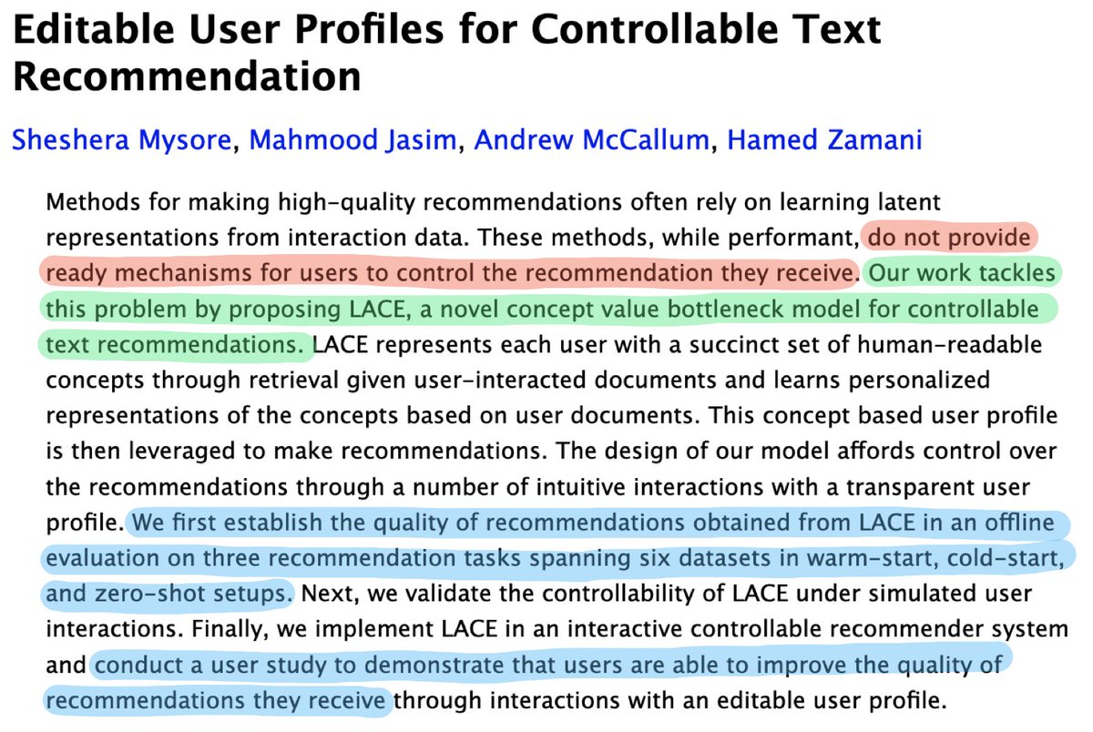 Friends, I am happy that I share our #SIGIR2023 paper on learning transparent user profiles for text recommendation!

📜 arxiv.org/abs/2304.04250

With our model, LACE: Users can examine + interact with their profiles and interactively improve their recommendations. 🧵🧵🧵