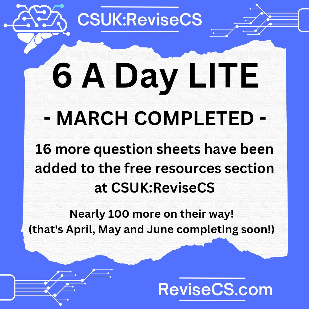 csuk_teacher's tweet image. 6-A-Day-LITE Update!
...nearly 100 more worksheets coming in the next few weeks!
revisecs.computerscienceuk.com/6-a-day-lite/
#gcsecomputerscience #examseason #gcsecomputing  #gcse #revision #gcses #computerscienceteachers #computerscienceteacher #gcserevision #year11 #year10 #gcse2023