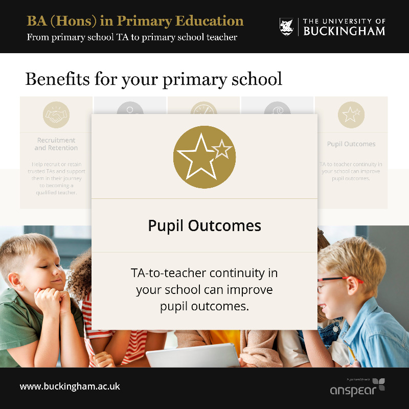 Anspear's tweet photo. Check out the BA (Hons) in Primary Education! It's the perfect opportunity for primary schools to invest in TAs, support their career goals AND improve academic outcomes for pupils.

Apply by 31 May 2023: https://t.co/7GoeerMPPh

#TeachingAssistant #WorkBasedDegree