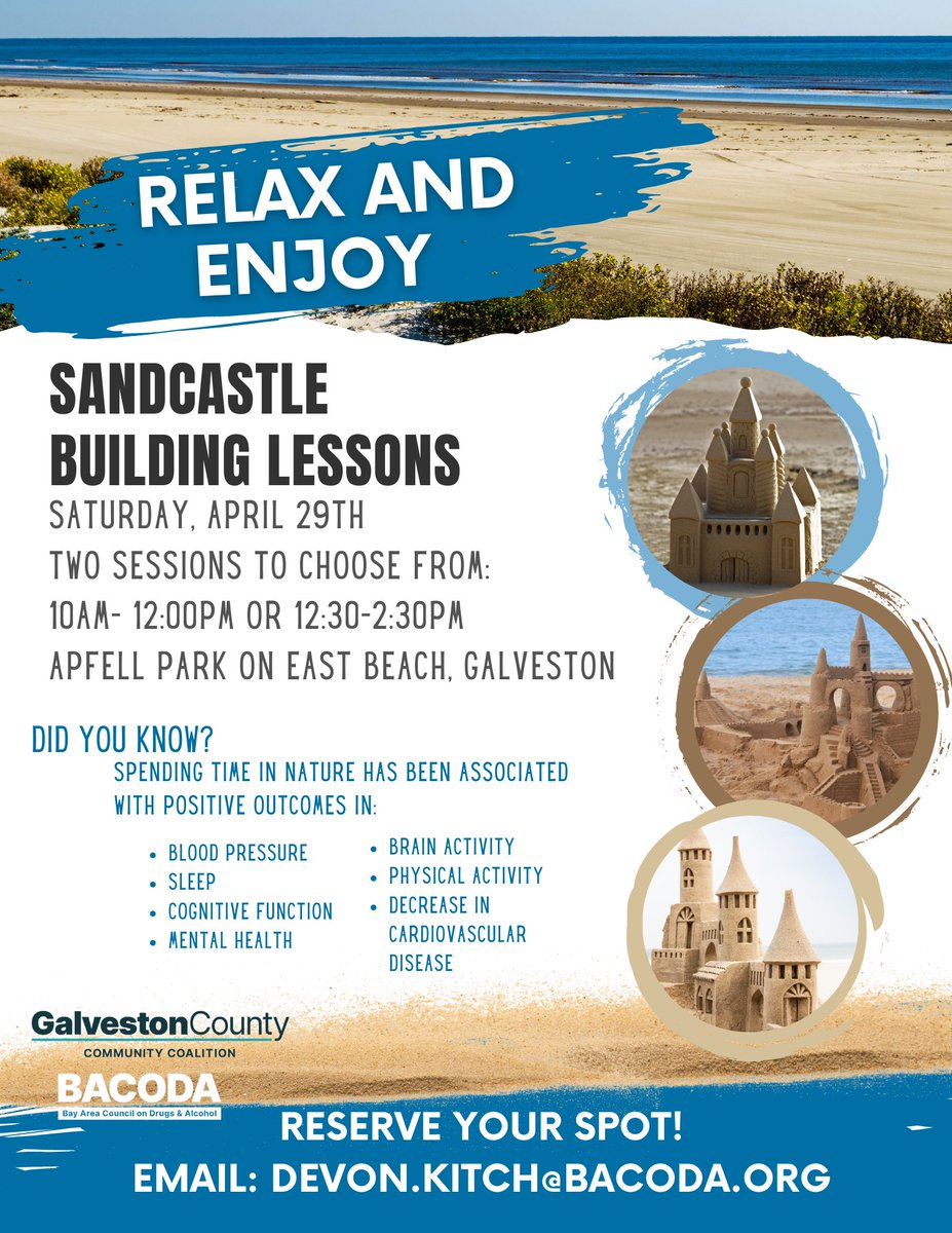 GalvestonCCP's tweet photo. FREE &amp; OPEN TO THE PUBLIC #Galveston Sandcastle Building Lessons #mentalhealthmatters Register in Advance.  FREE event funded through a #TXHHSC happiness grant provided to @BACODA_Texas @GalvestonCCP. https://t.co/fSzAePx2OX