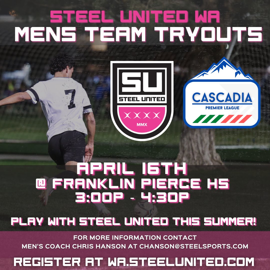 The Steel United Adult program offers current and or previous athletes, 17 and older, the opportunities to continue their development in an elite and competitive environment.
2023 STEEL UNITED Men's Team - CPL League Tryouts
April 16th @ Franklin Pierce HS 3:00p - 4:30p