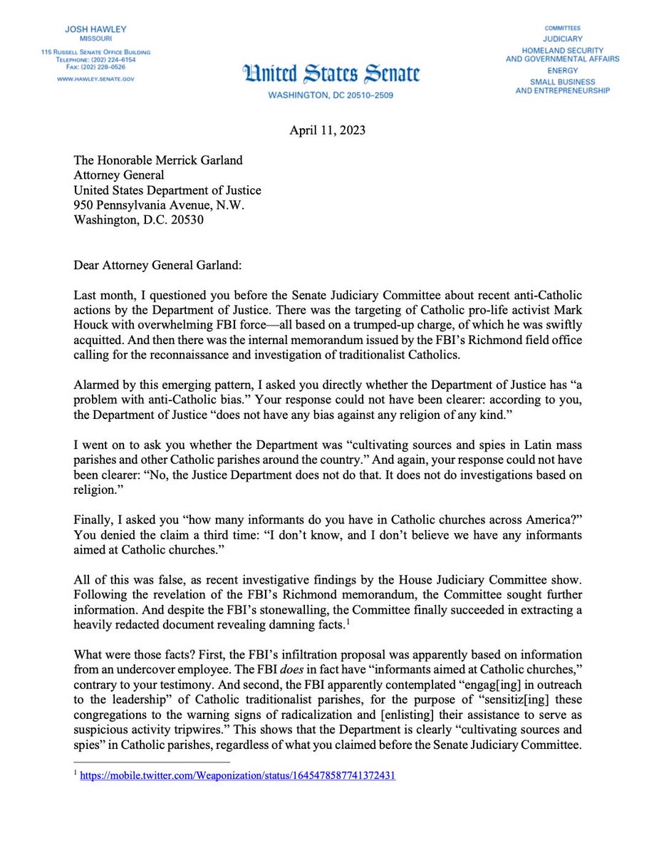 HawleyMO's tweet image. Merrick Garland told me - under oath - the FBI was not targeting Catholic parishes. That appears to have been a lie. I want the truth 👇