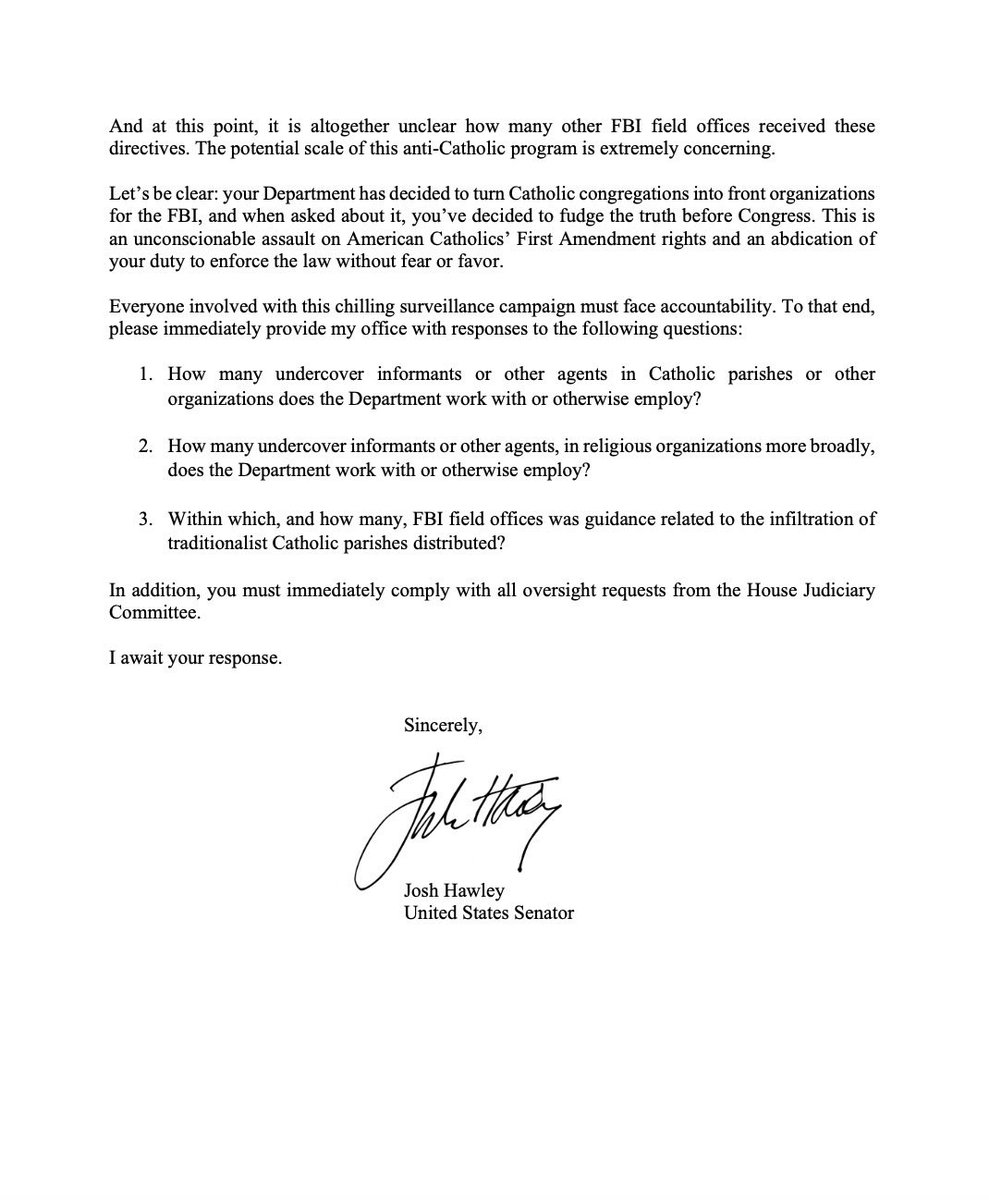 HawleyMO's tweet image. Merrick Garland told me - under oath - the FBI was not targeting Catholic parishes. That appears to have been a lie. I want the truth 👇