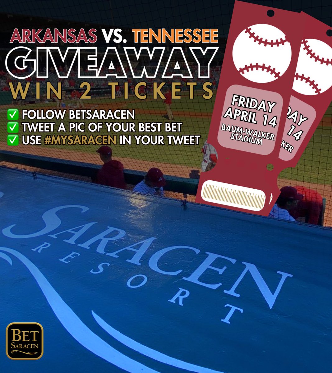 BetSaracen's tweet photo. Y'all know we love a GIVEAWAY so now we're knocking this one out of the park 😎 You can win TWO tickets to see Arkansas vs. Tennessee this Friday at Baum Walker Stadium! ⚾ We're picking 5 winners!

All you have to do is the following:
✅ FOLLOW BETSARACEN
✅ TWEET A PIC OF YOUR BEST BET
✅ USE #MYSARACEN IN YOUR TWEET

🗣️ Winners announced Wednesday, April 12 at noon!