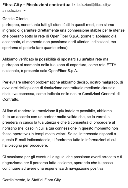 erosvalzasina's tweet photo. @lord_picchio @FibraCity #fibracity , mail semplicemente scandalosa, senza nessuna comunicazione o preavviso e solo dopo aver aperto un ticket per cui era ormai già chiaro che non ci sarebbe stata soluzione https://t.co/gDH9qsqvOe