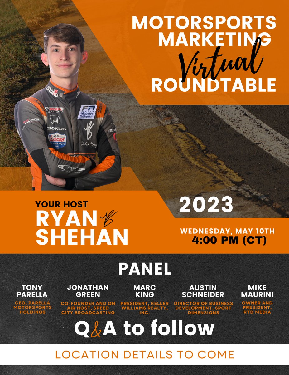 RyanShehanRace's tweet photo. SAVE THE DATE! I can officially announce that I'm hosting a Motorsports Marketing Virtual Roundtable on May 10th! This is your opportunity to learn more about the everchanging marketing world within motorsports with some the top motorsports marketing titans! More details to come! https://t.co/72uleD6bjm