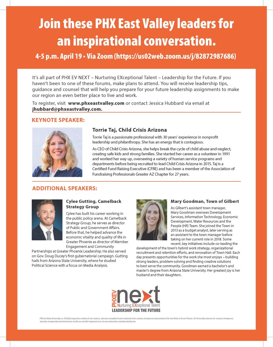 REMINDER: Don’t miss the Partnership’s NEXT – Nurturing EXceptional Talent – Forum, April 19 via Zoom. You’ll hear inspiring stories and get tips to lead with success. RSVP to JHubard@phxeastvalley.com.

<a href="/ChildCrisisAriz/">Child Crisis Arizona</a> 
<a href="/CamelbackStrat/">Camelback Strategy Group</a> 
<a href="/GilbertYourTown/">Gilbert, Arizona</a>
