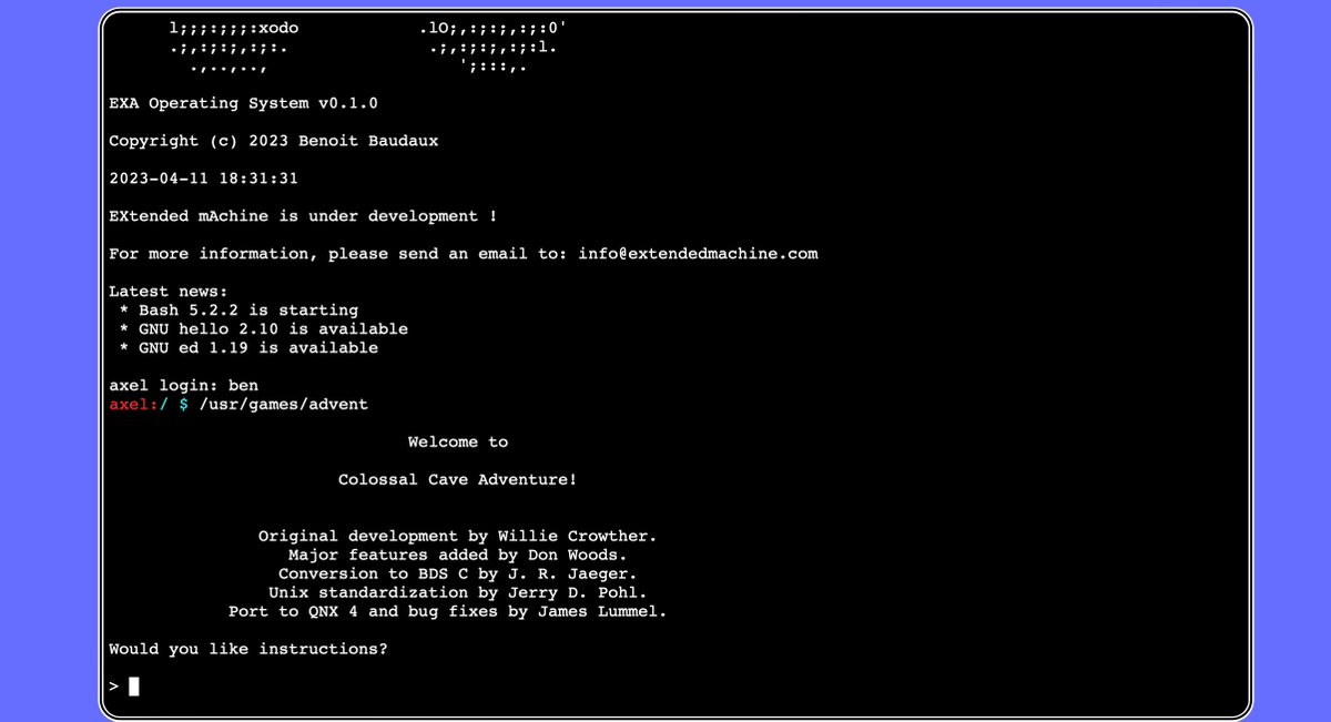 <a href="/thecolossalcave/">🐲 Colossal Cave V2.0 OUTNOW</a> <a href="/InfoAgeMuseum/">InfoAge Science & History Museums</a> Thanks to <a href="/troglobit/">Joachim Wiberg</a> (and the authors...), Colossal Cave is now running on extendedmachine.com
(type /usr/games/advent after login, save feature is not yet there)