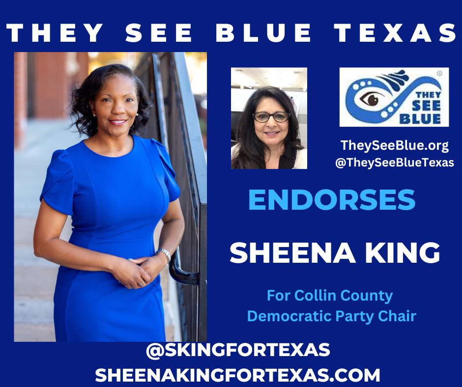 Sheena King for Texas (@skingfortexas) on Twitter photo Appreciate the endorsement of <a href="/TheySeeBlue/">They See Blue</a> - Texas whose mission and actions are to mobilize and engage South-Asian Americans to the democratic process.
#SheenaKingForTexas #bethelight #useyourvoice #CollinCounty #collincountydemocrats #turntexasblue #fightfordemocracy Appreciate the endorsement of <a href="/TheySeeBlue/">They See Blue</a> - Texas whose mission and actions are to mobilize and engage South-Asian Americans to the democratic process.
#SheenaKingForTexas #bethelight #useyourvoice #CollinCounty #collincountydemocrats #turntexasblue #fightfordemocracy