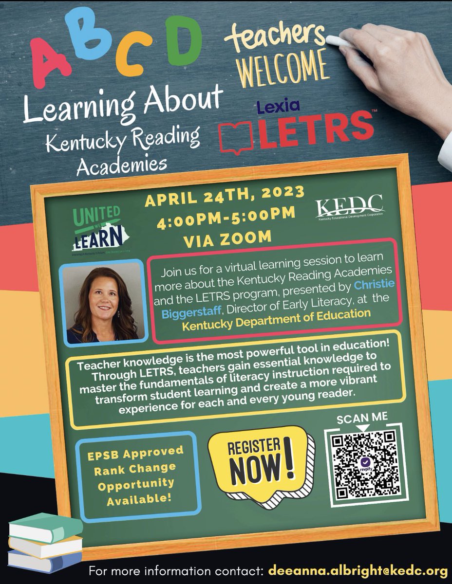 KEDCCRRSADL's tweet photo. ‼️ Join us for Kentucky Reading Academies LETRS Phase 2 Info Session for Teachers via Zoom! 📚🧑‍💻💻

🗓️ Monday, April 24th, 2023

⏰ 4:00PM - 5:00PM via Zoom

🔗 Registration link: https://t.co/P62du6ZVFH

‼️ Zoom link will be included in your confirmation and reminder emails. https://t.co/oK8iMD4KmV