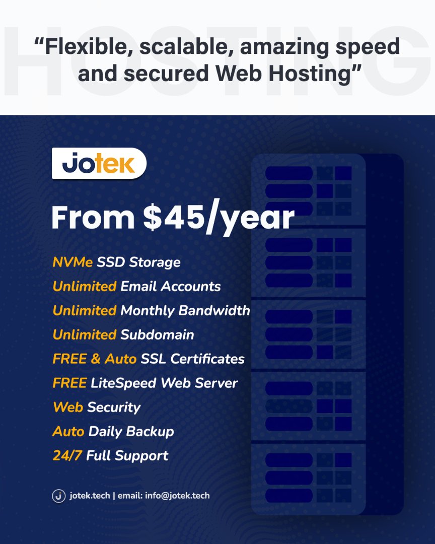 jotekTech's tweet photo. Enjoy flexible, scalable, amazing speed and security when you host your website in our Cloud Hosting Servers.

#Jotek
#WebHosting https://t.co/UgV1WUAnHd