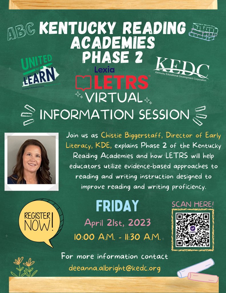 KEDCCRRSADL's tweet photo. ‼️ Join us for Kentucky Reading Academies LETRS Phase 2 Info Session for Administrators via Zoom! 📚🧑‍💻💻

🗓️ Friday, April 21st, 2023

⏰ 10:00AM - 11:30AM

🔗 Registration link: https://t.co/Mbb6h8U6dC

‼️ Zoom link will be included in your confirmation and reminder emails. https://t.co/PCl9ST4pXD