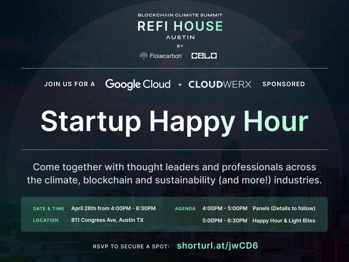 Consensus is around the corner 👀 and leading innovators <a href="/googlecloud/">Google Cloud</a> &amp; <a href="/CloudWerx_tech/">CloudWerx</a> are joining Celo &amp; <a href="/weareflowcarbon/">Flowcarbon</a> for a Startup Happy Hour at ReFi House! 🥂 #ReFiHouseATX

📆 April 28 
✔️ Apply to attend: shorturl.at/jwCD6 

Learn more
👇🏽 
climatesummit.world