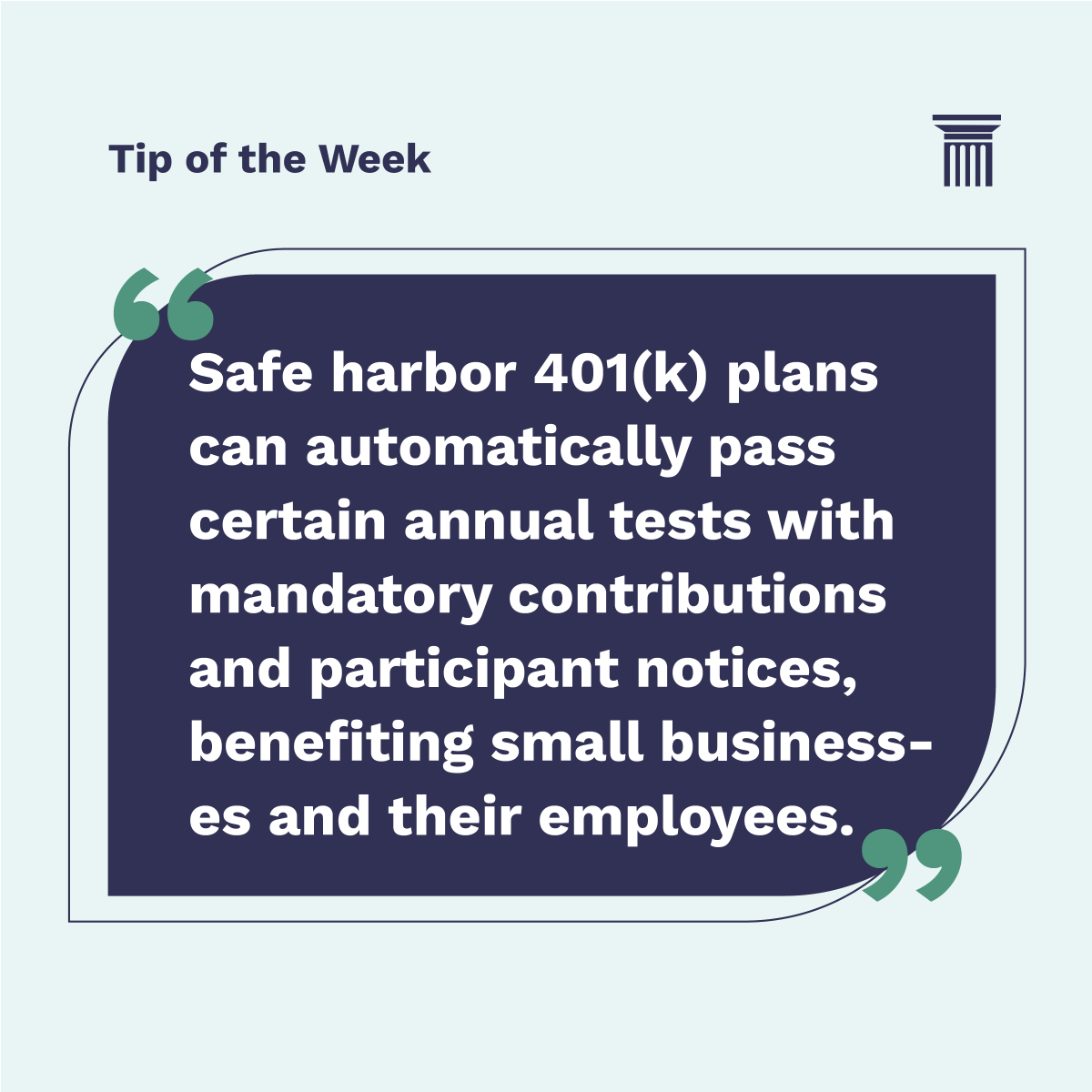 401kLowCost's tweet photo. 💡The Frugal Fiduciary's Tip of the Week💡

"Safe harbor 401(k) plans can automatically pass certain annual tests with mandatory contributions and participant notices, benefiting small businesses and their employees." https://t.co/LTnSysYzqc
