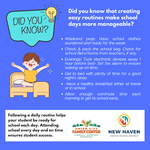 mynhusd's tweet photo. #NHUSD’s #AttendanceCampaign is here!
Join us in our call to action for all students to attend school and be ready to learn and develop their academic skills.
Did you know that creating easy routines makes school days more manageable?
#CreateRoutines #EasyRoutines https://t.co/4v2Lr7i6AP