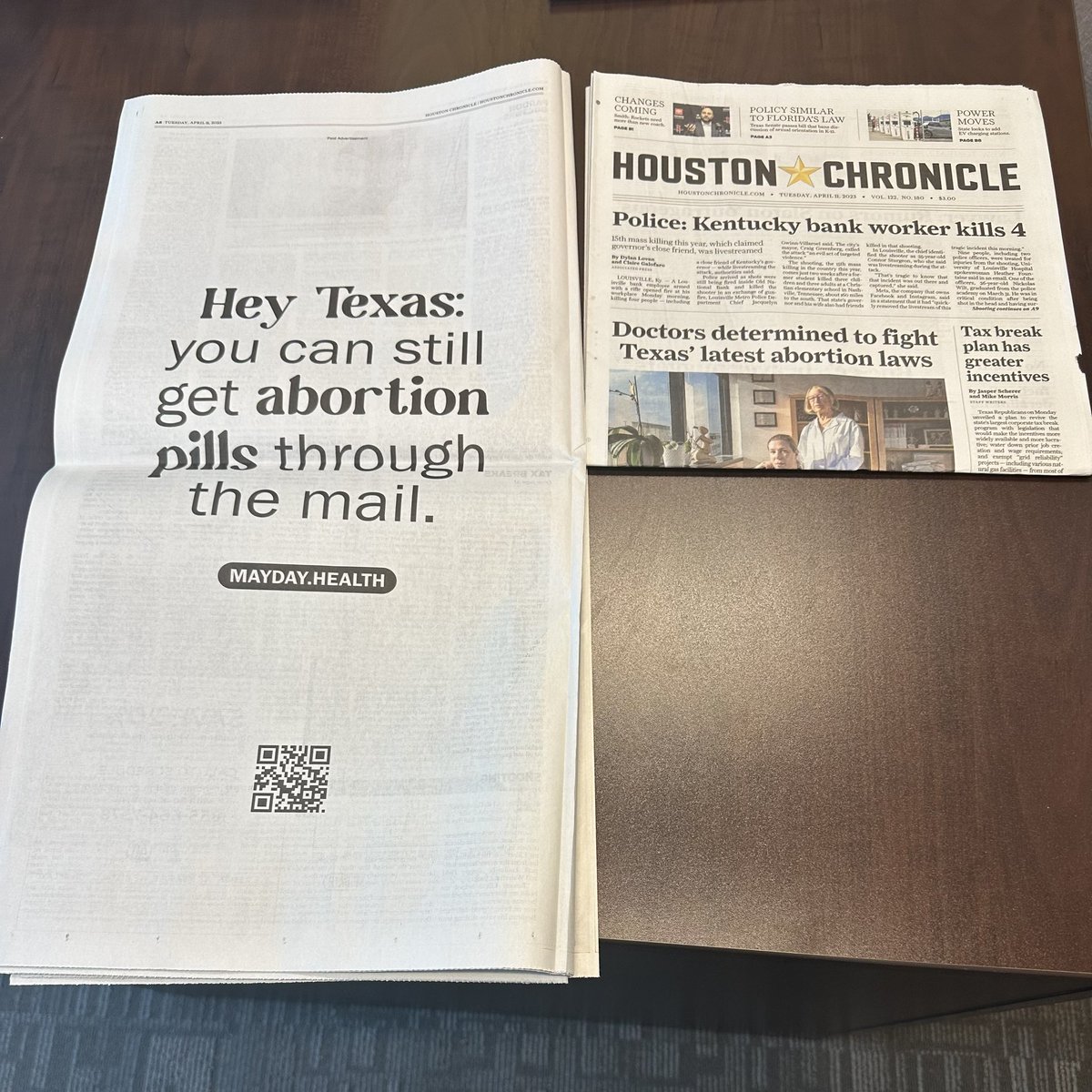 We did this - in a Texas paper - to push back against the tyranny. Abortion pills will never go away. Every state, every zip code: learn how to get what you need at Mayday.health 👊