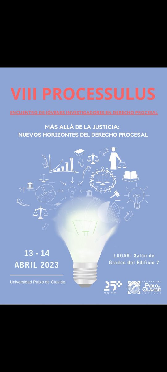 Esta semana se celebrará la VIII edición del encuentro anual de jóvenes investigadores en Derecho procesal PROCESSULUS, que en esta ocasión tendrá lugar en la <a href="/pablodeolavide/">Pablo de Olavide</a>.
Sois todos bienvenidos.
Será un lujo coincidir y conocer a colegas interesados en el Derecho Procesal.