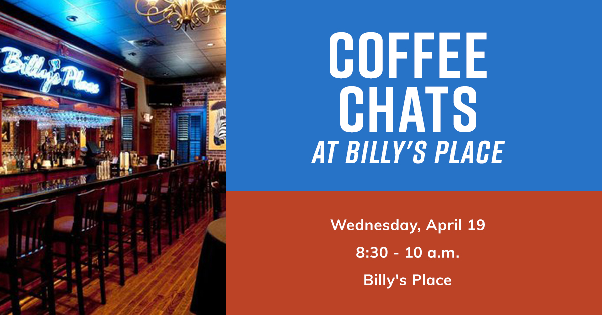 Set your alarms! Our April Coffee Chats is NEXT WEEK!
Members are invited to attend April’s Coffee Chats at Billy’s Place, an elegant lounge above McDonough’s restaurant. 
So rise and shine for coffee chats with the Chamber!
Regeister: bit.ly/3Grt1j9