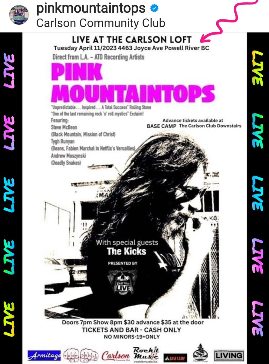 TyghRunyan_page's tweet photo. 🎸Pink Mountaintops🎸 & The Kicks will rock Powell River 🇨🇦 tonight at the ➡️ Carlson Loft. Not many tickets left! Repost from PMT IG
@RunyanTygh @pinkmtps #tyghrunyan #actor #musician #pinkmountaintops #peacockpools #indiemusic #rocknroll #concert https://t.co/WWV1bBySZi