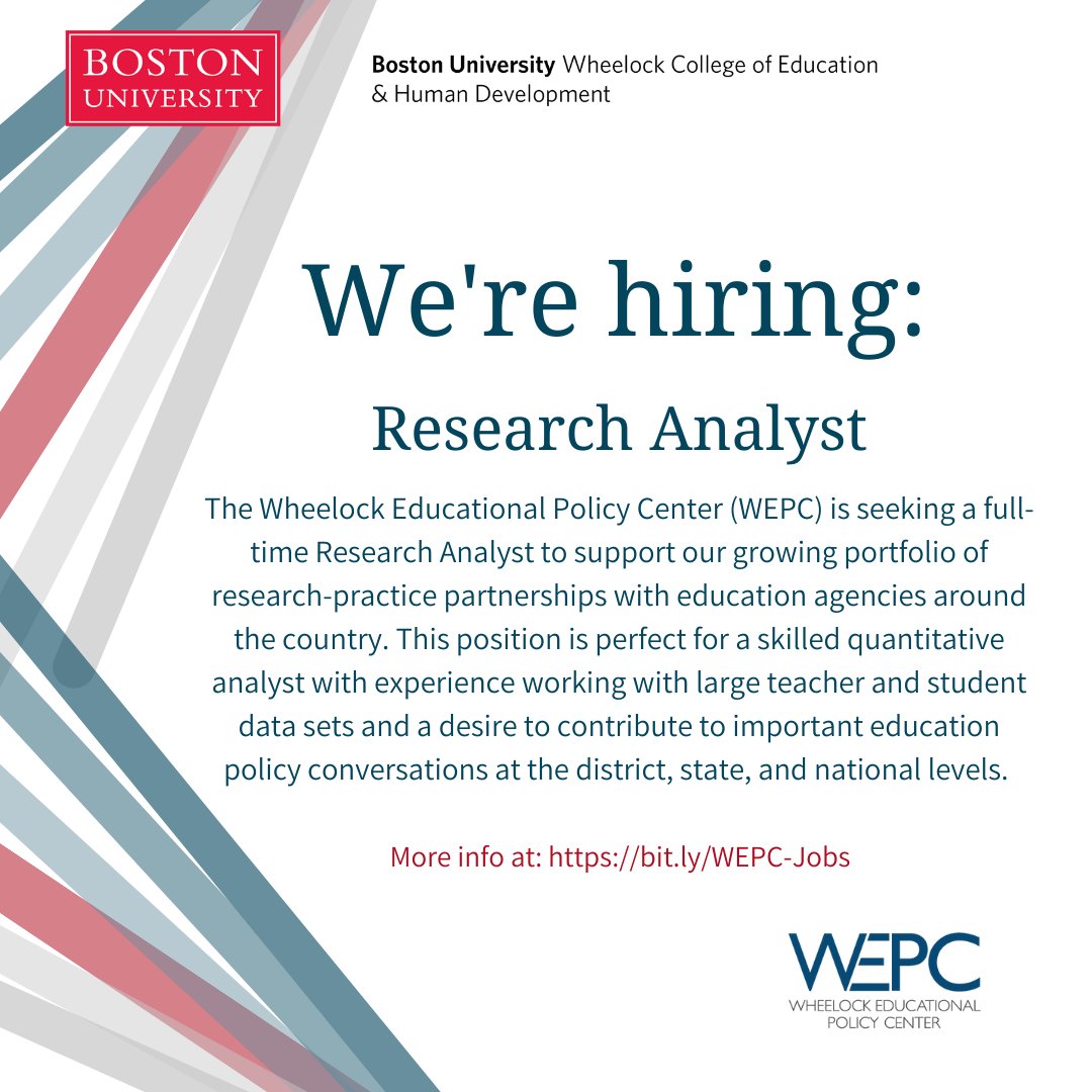 Wheelock Educational Policy Center (@wheelock_policy) on Twitter photo We're growing! Thanks to lots of amazing research partnership work underway here at <a href="/BUWheelock/">Wheelock College, Boston University</a>'s policy center, we're ready to bring on a research staff position to help deepen that work. We'd love for you to join us or share w/ your networks. Details at bit.ly/WEPC-Jobs We're growing! Thanks to lots of amazing research partnership work underway here at <a href="/BUWheelock/">Wheelock College, Boston University</a>'s policy center, we're ready to bring on a research staff position to help deepen that work. We'd love for you to join us or share w/ your networks. Details at bit.ly/WEPC-Jobs