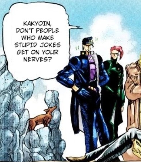 hellertears's tweet photo. jotaro dissing his granddad's dumb jokes and then laughing at kakyoin's a few scenes later okay boy i see you https://t.co/WbwgNr6zb8