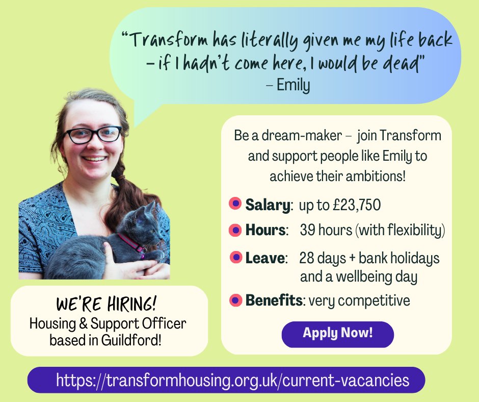 transformhs's tweet photo. Transform has an exciting new job opportunity for a Housing & Support Officer in our Guildford team! Check out the vacancy here: https://t.co/NdmoRhTA32 #BeATransformer #charityjobs #jobs #homelesscharity https://t.co/pYnMCQU5R9