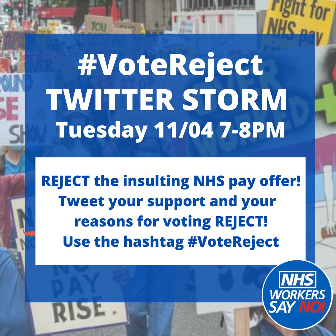 40 mins to go!!!

💥 Tweet your reasons for voting reject
💥 Tweet your support for NHS Staff fighting for pay and safety!

Don’t forget the hashtag! #VoteReject