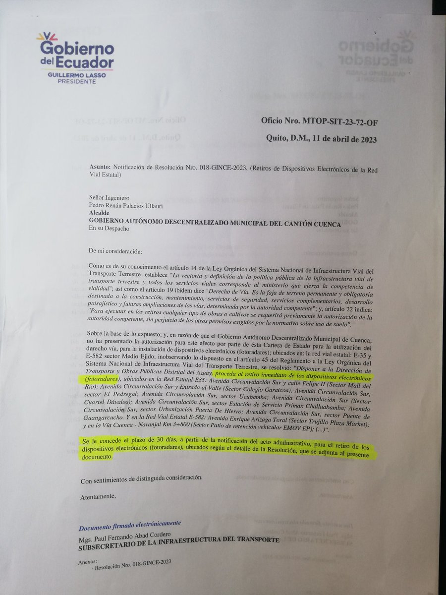 czamoramatute's tweet photo. #Radares | Hoy el Gobierno a través del MTOP resolvió dar un plazo de 30 días a la actual administración municipal para el retiro de los radares en las vías estatales del cantón #Cuenca. 
Todo apunta a la baja de este direccionado contrato  y así lo  haremos. https://t.co/ZHPBzDQ96q