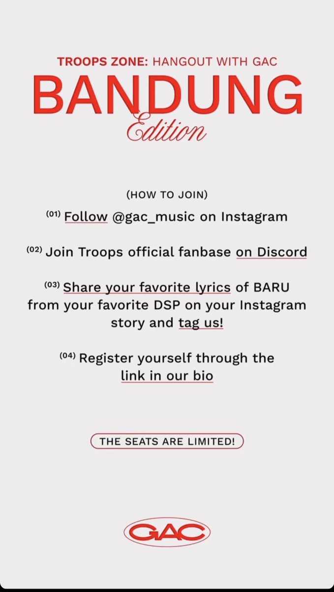 Let’s have fun and come to 2nd Troops Zone : hangout with <a href="/GAC_music/">Gamaliél Audrey Cantika</a> Bandung Edition 💫
For more inform please check IGS of <a href="/GAC_music/">Gamaliél Audrey Cantika</a> . Seats are limited, see youuu  there 🪐💫 #GACBARU #GACupdates #TroopsZone #gamaliél #audreytapiheru #cantikaabigail