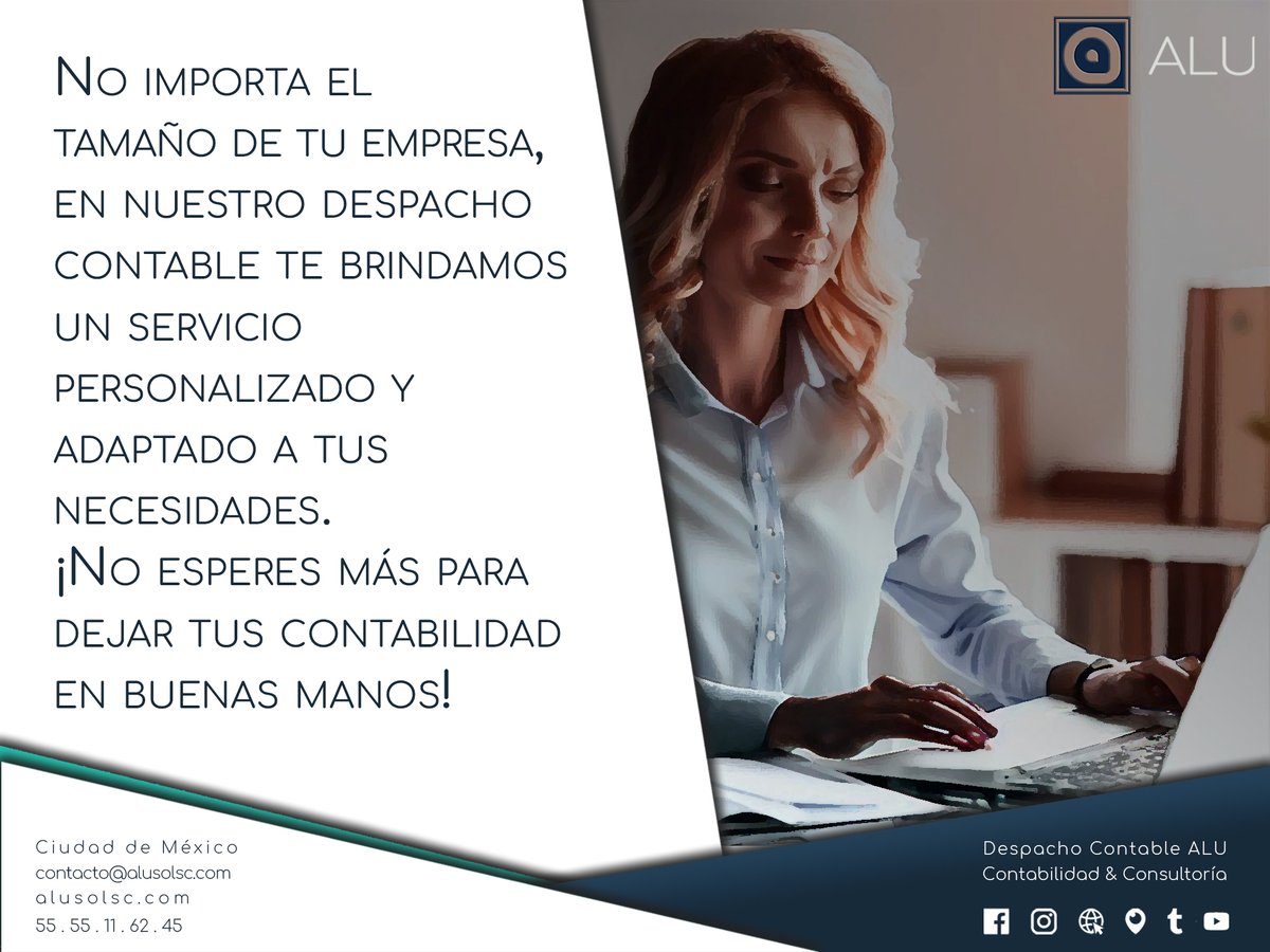 Alu_Contadores's tweet photo. No importa el tamaño de tu empresa, en nuestro despacho contable te brindamos un servicio personalizado y adaptado a tus necesidades. ¡No esperes más para dejar tu contabilidad en buenas manos!
Despacho Contable ALU
https://t.co/X7LBFcgLgb https://t.co/MyDHzkD2d4