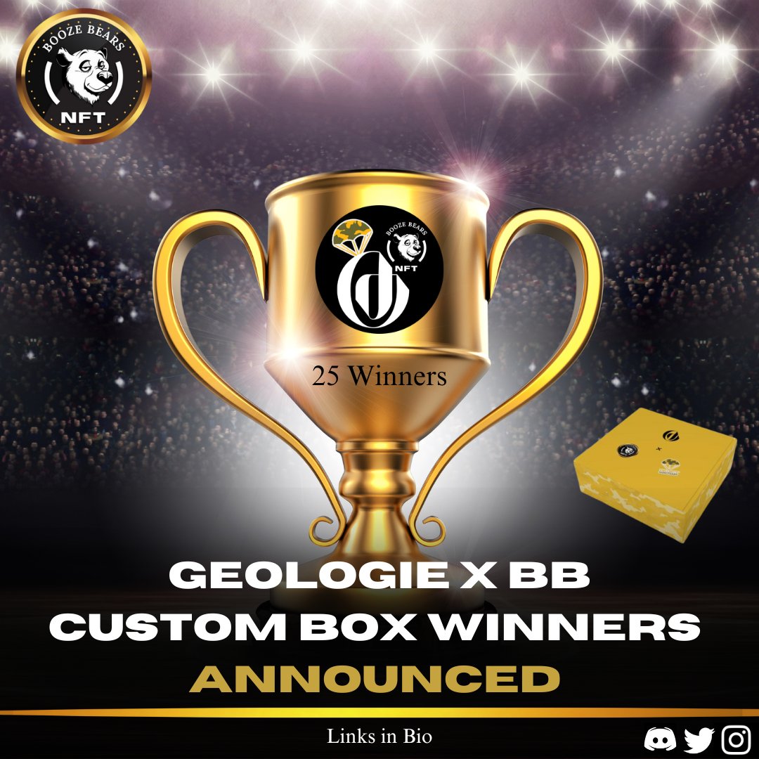 The Winners of the Geologie x Booze Bears Custom Boxes have been announced!🍻

Hop in our Discord to see if your bear won and how to claim!🎉
discord.gg/boozebears

Winners only have 72 Hours to claim 👀

#BoozeBears #Geologie #VeteransMentalHealth #NFTs #NFTCharityProject