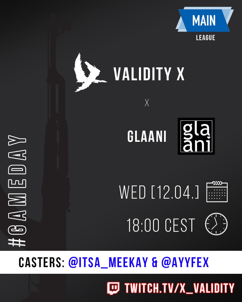 First match of the season in <a href="/ESEA/">ESEA League</a> Main division will take place already today. 🔥
🆚 glaani 🇫🇮
⏰ 18:00 CEST
Come join our twitch stream as it will be hosted by
🎙️ <a href="/Itsa_Meekay/">ItsaMeekay</a>  &amp; <a href="/ayyfex/">Sam</a> 🍿
🎥 <a href="/MrFoxyOfficial/">FNC MrFoxy</a> 
📺 twitch.tv/x_validity