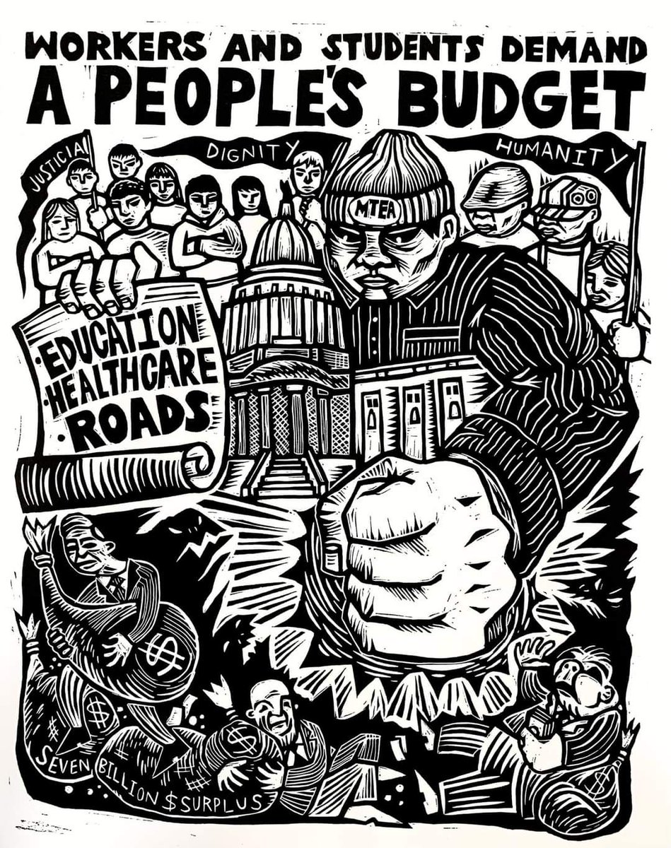 This poster created by MPS Art Teacher John Fleissner & commissioned by MTEA for this weekend's Community Art Build at South Div. calls for a state budget that spends the $7.1 bil. surplus on public schools, healthcare, & roads, not millionaires. #WIbudget surveymonkey.com/r/P6XPDNB