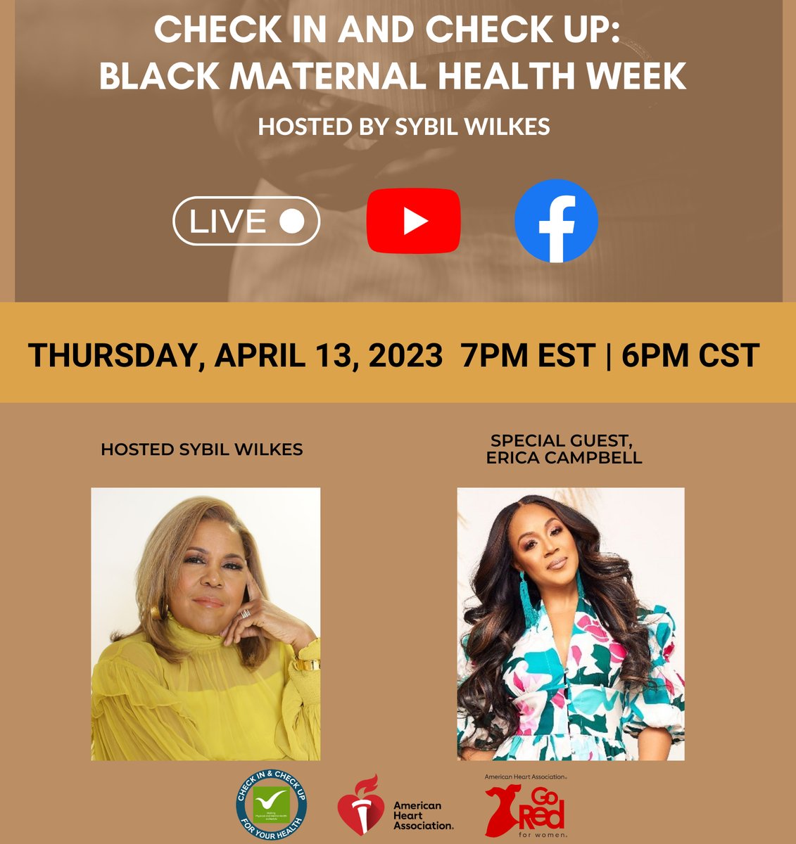 SybilWilkes's tweet photo. This Thursday 7pm EST/ 6pm CST with the wonderful Erica Campbell!
@american_heart
#sybilwilkes #whatyouneedtoknow #checkinandcheckup https://t.co/tj1c1iOT1m