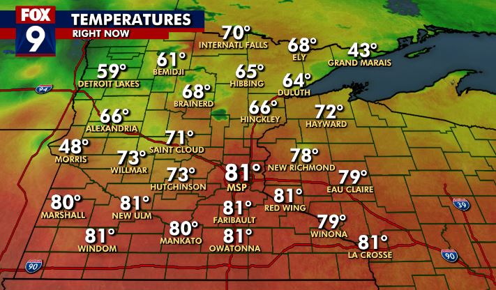 McDermedFox9's tweet photo. Temperatures at 5pm are in the 80s for the Twin Cities. Yep, more of this please. @FOX9 #WinterToSummer https://t.co/rQPRFZII3P