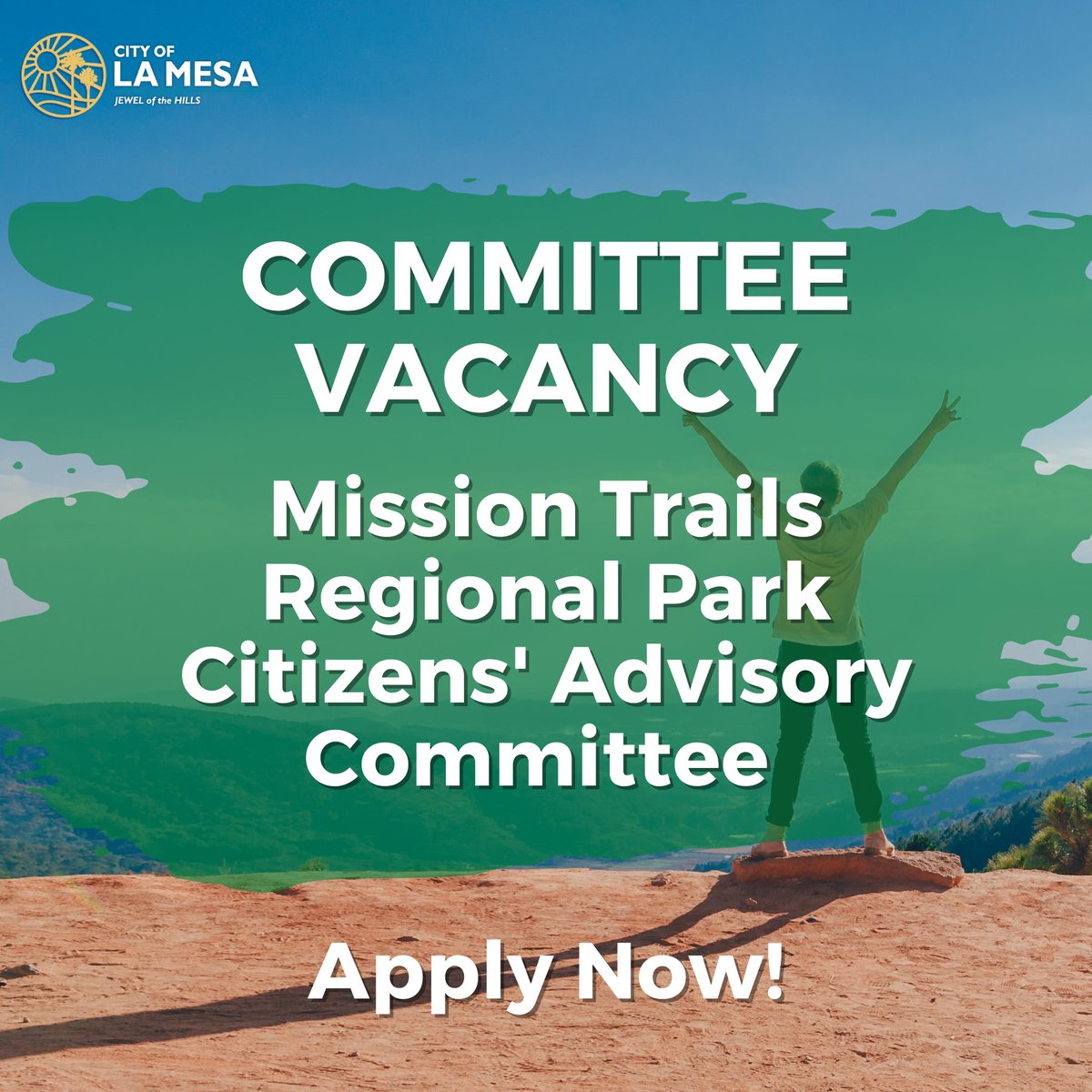 The City of La Mesa is seeking a La Mesa resident to be the representative on the Mission Trails Regional Park Citizens’ Advisory Committee.

Applications are available at cityoflamesa.us/250/Boards-Com….
For more info, email cityclrk@cityoflamesa.us 

#MissionTrails #LivableLaMesa