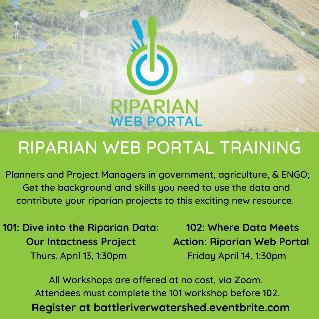 Still time to register!
101: Learn about Riparian Intactness data, how it applies to your work, and how it can improve our watersheds.
102: Work with riparian intactness data and learn how to add your own riparian projects into the portal! Register: buff.ly/3zpPLwb