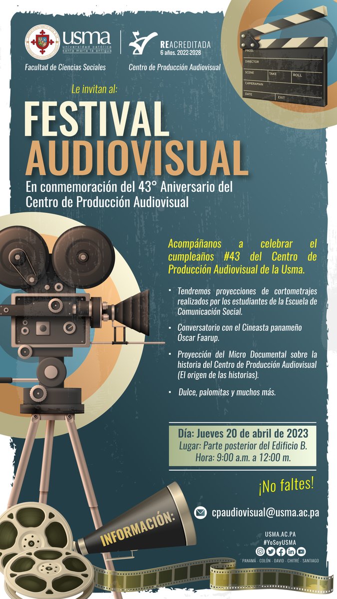 USMApanama's tweet photo. 🎬 ¡Celebremos el 43° Aniversario del Centro de Producción Audiovisual!🎥
#COSOSUSMA https://t.co/RuNWfW37Zr