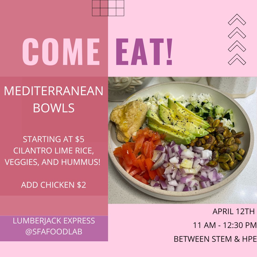 It's out LAST Wednesday on campus!
Mediterranean bowls filled with cilantro-lime rice, diced tomatoes , cucumbers, and red onion, creamy hummus, fresh avocado, and roasted pistachios. Add chicken or keep it veg - you choose :)

See you Wednesday between HPE and STEM at 11am!