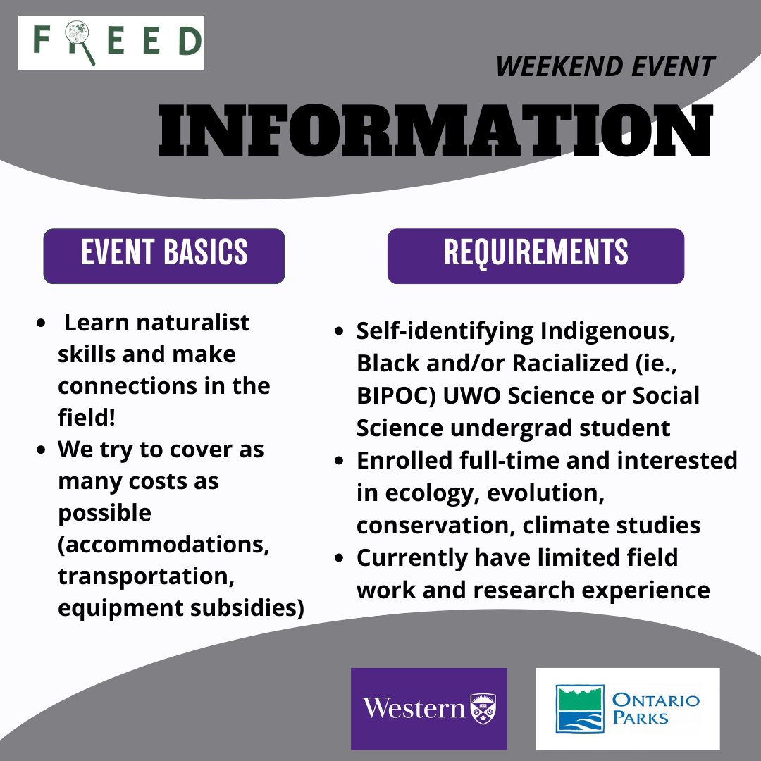 FREED_fieldwork's tweet photo. PLS RT!! APPLICATIONS NOW OPEN for @WesternU Undergrads! We have an amazing weekend workshop for individuals who self-identify as Black, Indigenous, and/or Racialized happening in June with @OntarioParks

Apply now: https://t.co/Bsp2hjN779…Due April 15th, 11:59PM EST https://t.co/MokI2WS5VH
