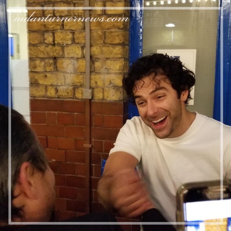 Wishing all #AidanTurner fans a wonderful #WildHairWednesday. Here is a photo of mine showing some 'post show' wild hair from backstage 2018 when he greated Guillaume Rivaud (S3 #Poldark ) who was with our group.