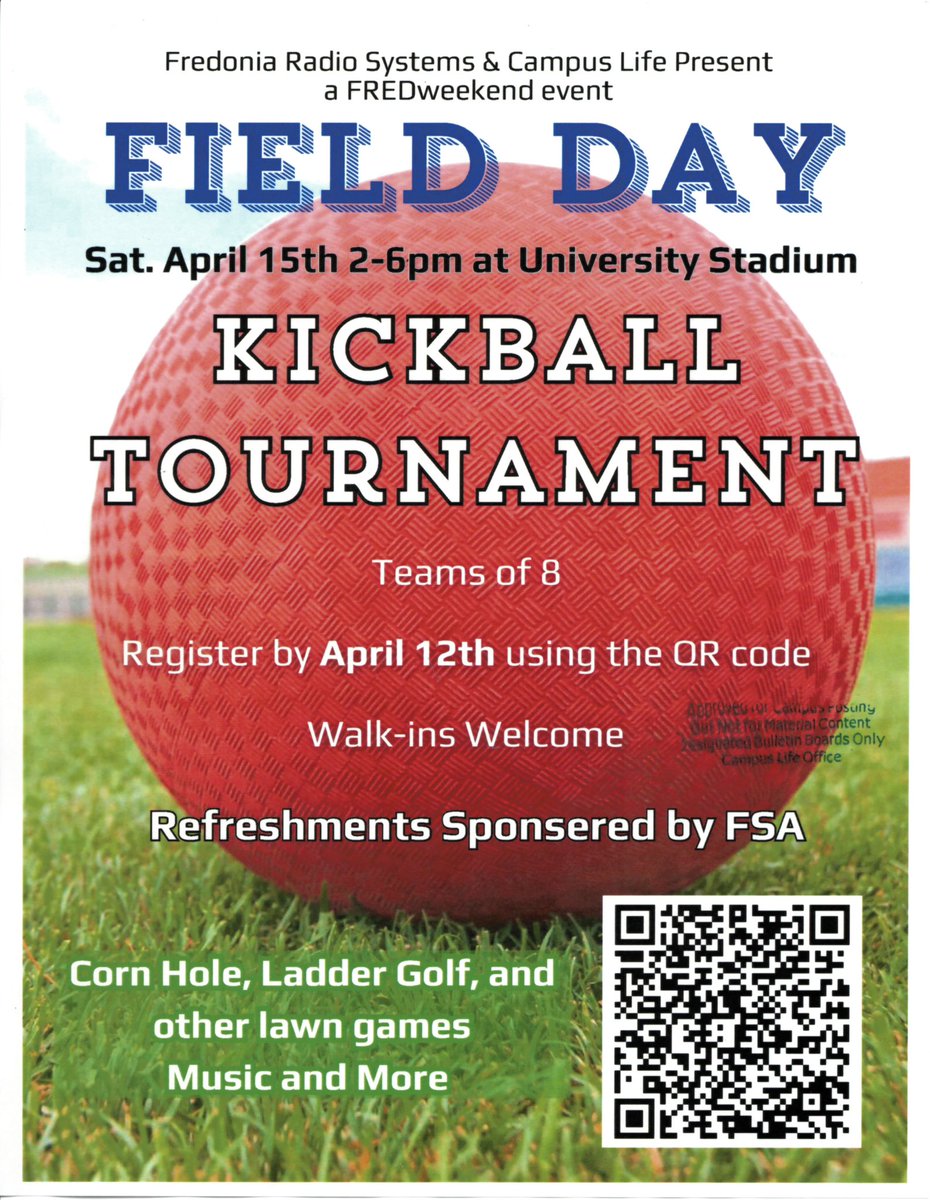 Join FRS and Campus Life for Field Day this Saturday, April 15th at 2pm!! Deadline to sign up for kickball is tomorrow! Not interested in kickball? No worries! We will also have ladder golf, corn hole, and more!