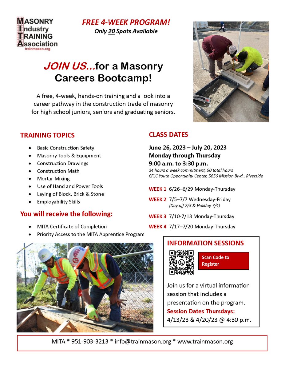 Riverside County Office of Education - CTE (@rcoecte) on Twitter photo The Masonry Industry Training Association or #MITA will hold a 4-week masonry bootcamp for rising high school juniors & seniors as well as recent graduates. Click below sign up for an info session and to learn more! <a href="/RCOE/">RivCo Office of Education</a> @SIPInclusion @RCOEAltEdu <a href="/Avid/">Avid</a> <a href="/CTEWorks/">Advance CTE</a> <a href="/RivCoSchoolSupt/">Edwin Gomez, Ed.D.</a> The Masonry Industry Training Association or #MITA will hold a 4-week masonry bootcamp for rising high school juniors & seniors as well as recent graduates. Click below sign up for an info session and to learn more! <a href="/RCOE/">RivCo Office of Education</a> @SIPInclusion @RCOEAltEdu <a href="/Avid/">Avid</a> <a href="/CTEWorks/">Advance CTE</a> <a href="/RivCoSchoolSupt/">Edwin Gomez, Ed.D.</a>