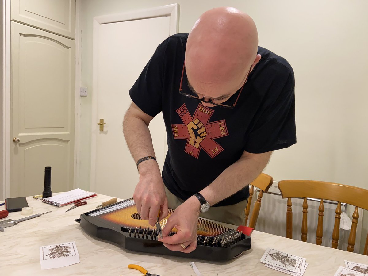 jamesberriman's tweet photo. It took me all day, but finally Mum’s Autoharp was restrung and tuned up.
One String at A Time, to paraphrase @joesolomusic.
I sustained one puncture wound, but that’s already healed. #Autoharp #Restring
Get your Joe Solo T-shirts here: https://t.co/Rc002JDoDn https://t.co/lq9ZnKQ2as