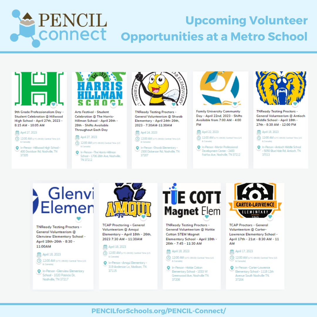 PENCIL4Schools's tweet photo. Help @MetroSchools students &amp; teachers end the school year strong by volunteering through #PENCILConnect. There are several unique ways you can support a Metro school this month.

Create a profile to get started: https://t.co/HsBRBQJJAk https://t.co/EHynSTux5N